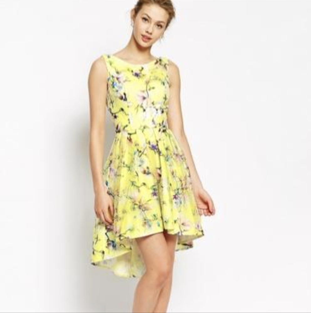 Eleanor Floral High-low Pleated Formal Dress in Yellow, Size Small